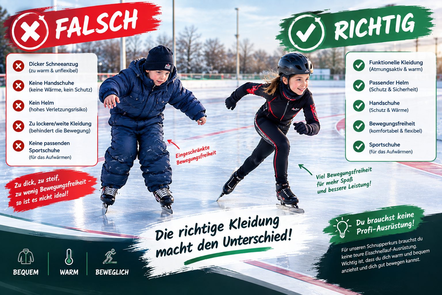 Vergleich: ungeeignete und passende Kleidung beim Eisschnelllauf